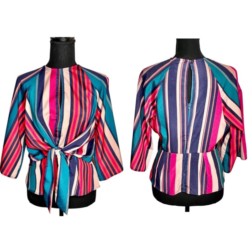 FATE by LFD Peplum Blouse Sz S Tie Front Colorful Keyhole Back Striped Keyhole
